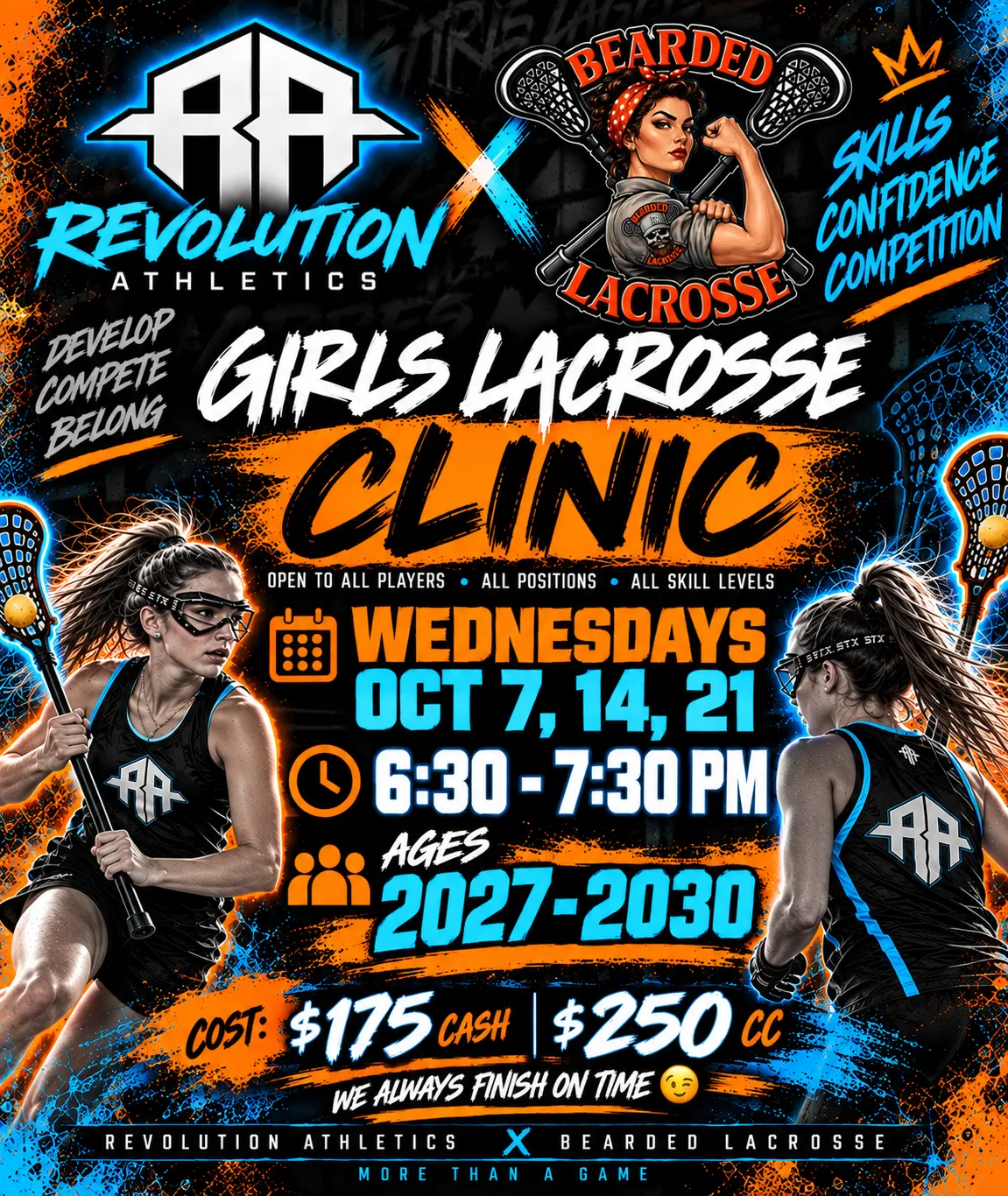 Girls Lacrosse Clinic flyer, classes of 2027–2030: Wednesdays Oct 7, 14, 21, 6:30 – 7:30 PM