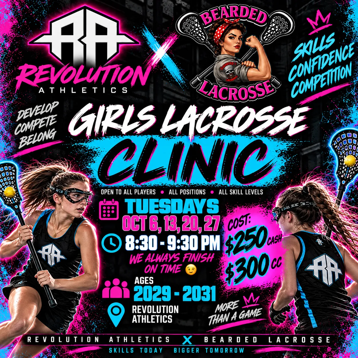 Girls Lacrosse Clinic flyer, classes of 2029–2031: Tuesdays Oct 6, 13, 20, 27, 8:30 – 9:30 PM