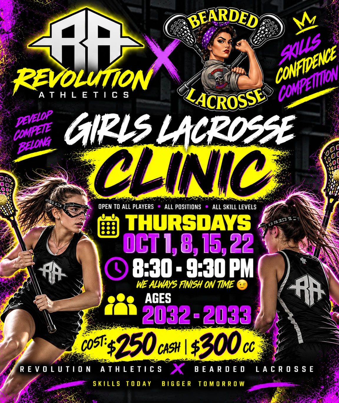 Girls Lacrosse Clinic flyer, classes of 2032–2033: Thursdays Oct 1, 8, 15, 22, 8:30 – 9:30 PM