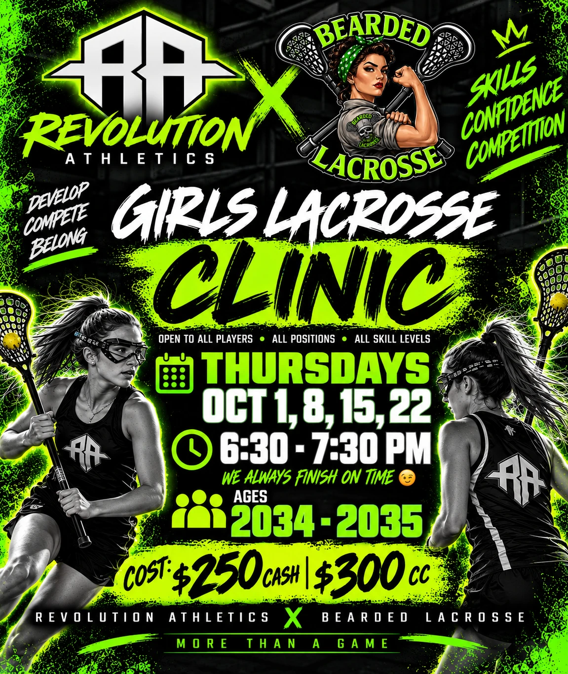 Girls Lacrosse Clinic flyer, classes of 2034–2035: Thursdays Oct 1, 8, 15, 22, 6:30 – 7:30 PM