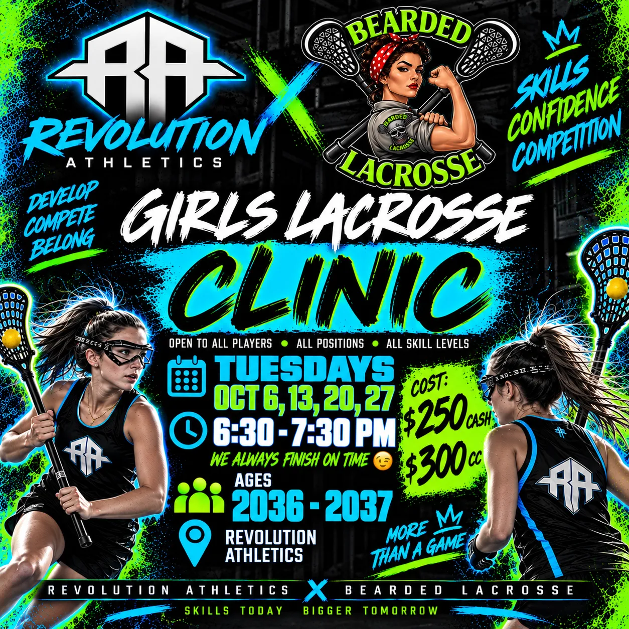 Girls Lacrosse Clinic flyer, classes of 2036–2037: Tuesdays Oct 6, 13, 20, 27, 6:30 – 7:30 PM